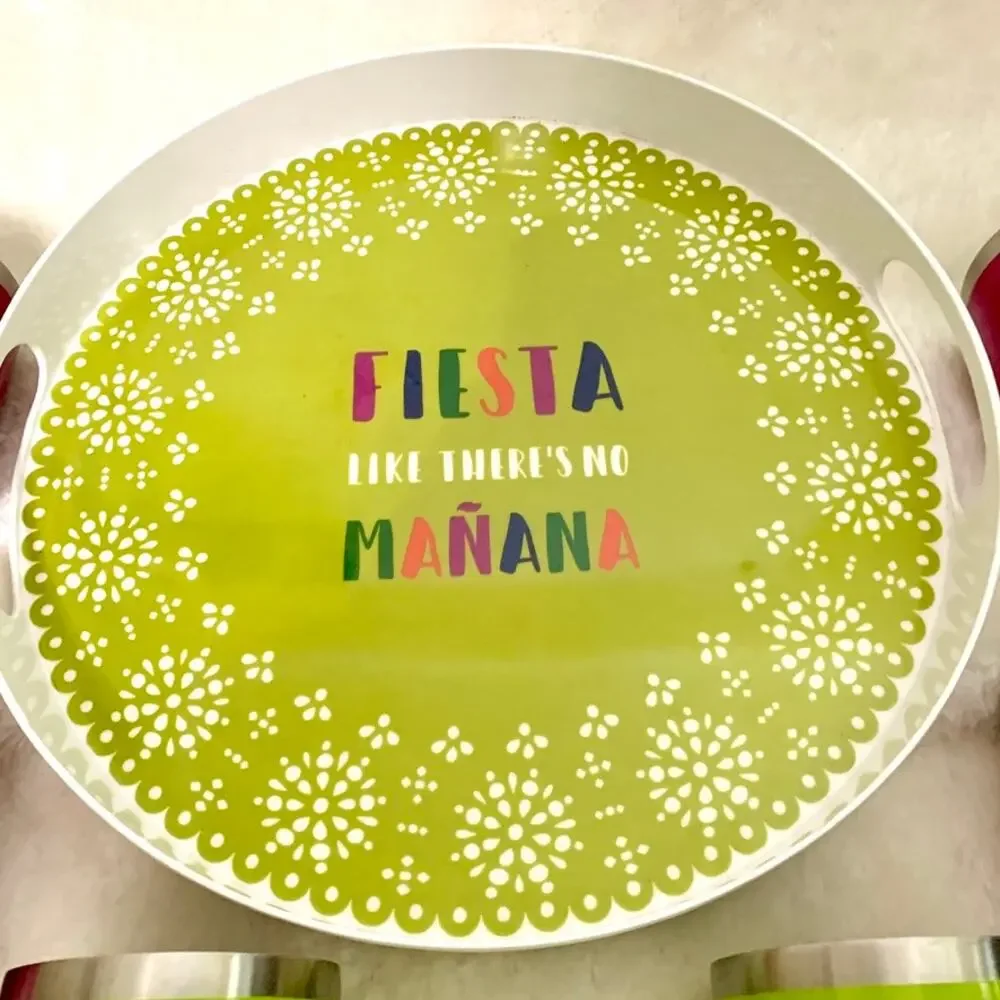Party Fiesta Round Drink Serving Tray Set with 6 Metal Tumblers NEW
